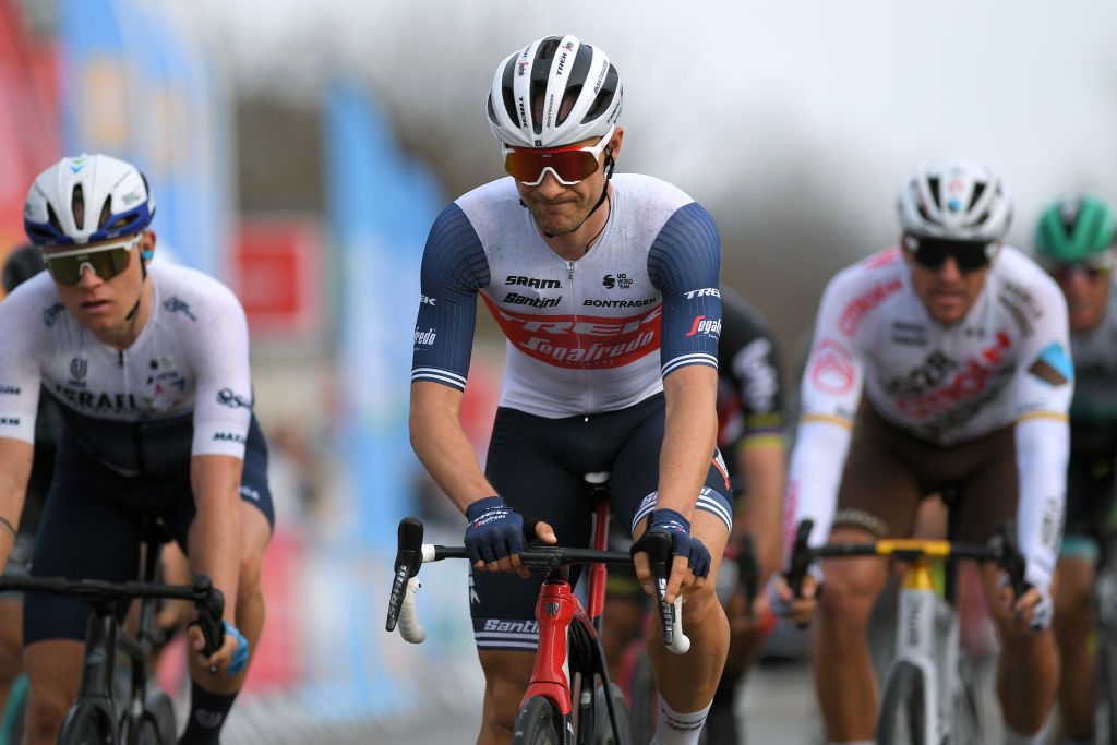 BESSGES FRANCE FEBRUARY 05 Arrival Mads Wurtz Schmidt of Denmark and Team Israel StartUp Nation Edward Theuns of Belgium and Team Trek Segafredo Greg Van Avermaet of Belgium and AG2R Citroen Team during the 51st toile de Bessges Tour du Gard 2021 Stage 3 a 1548km stage from Bessges to Bessges EDB2020 on February 05 2021 in Bessges France Photo by Luc ClaessenGetty Images