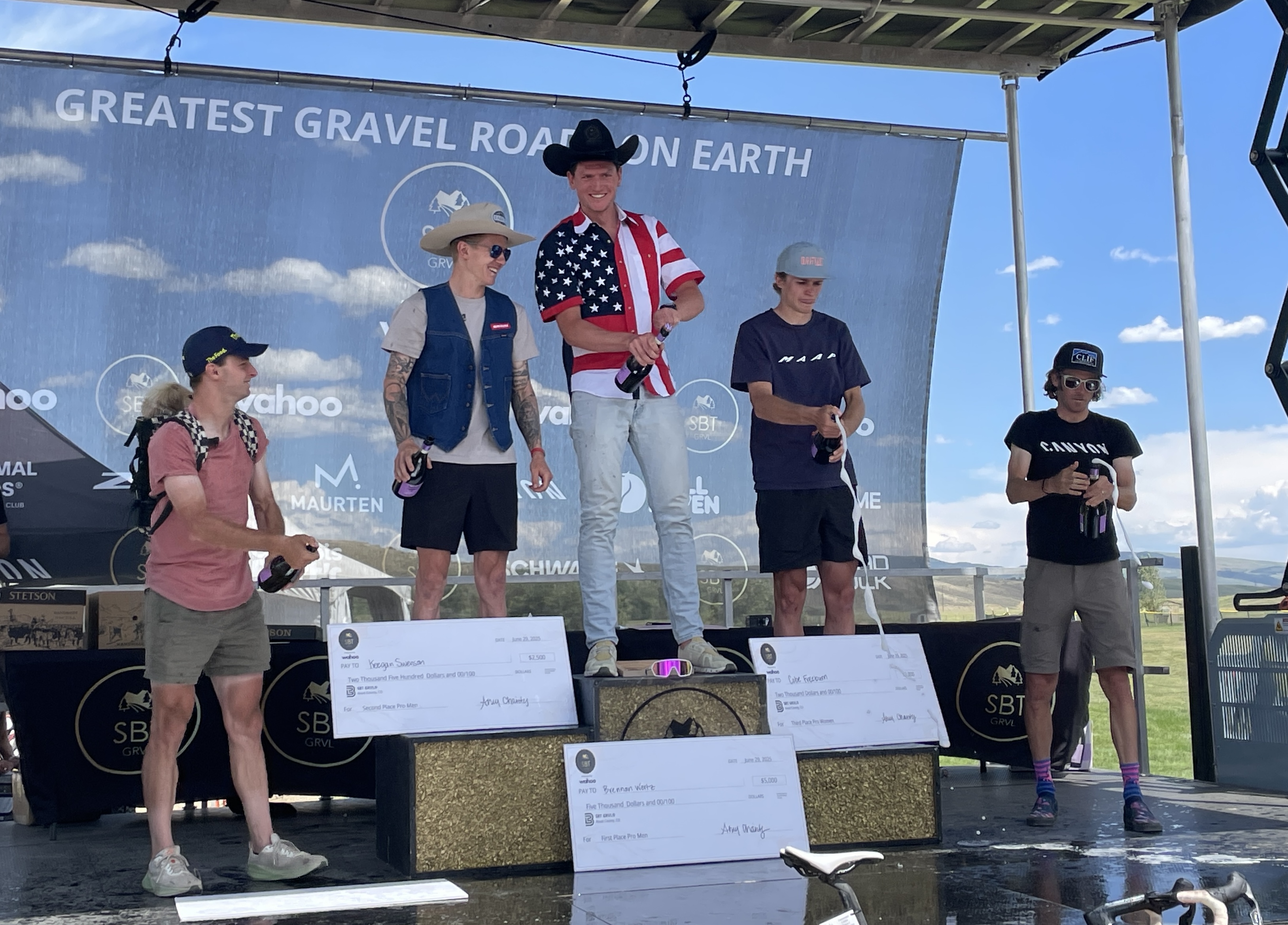 Brennan Wertz celebrates on the top step of the podium as 2025 SBT GRVL men&#039;s winner