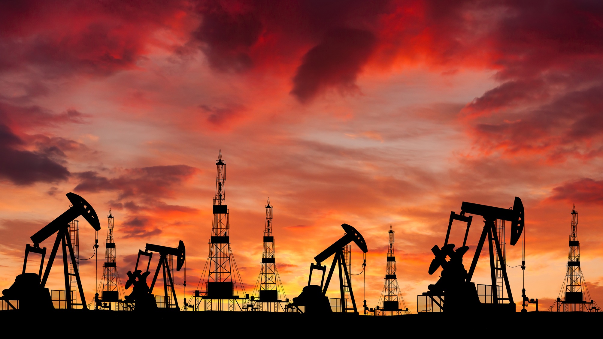 An oilfield in Iran at sunset.