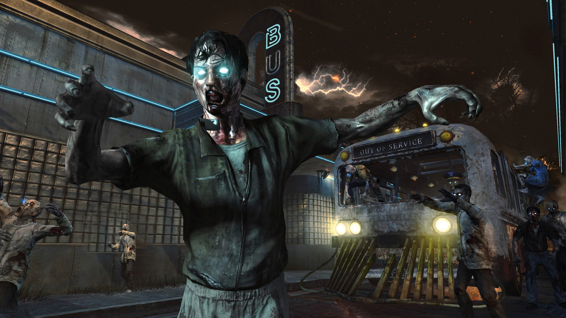 A zombie with glowing blue eyes shuffles ahead of an armored bus in Call of Duty Black Ops 2, from Edge 353