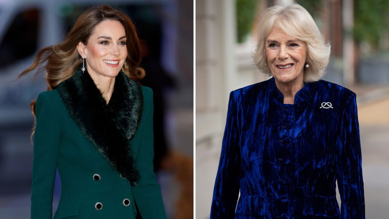A composite of a picture of the Princess of Wales at Together at Christmas 2025 and a picture of Queen Camilla in December 2020