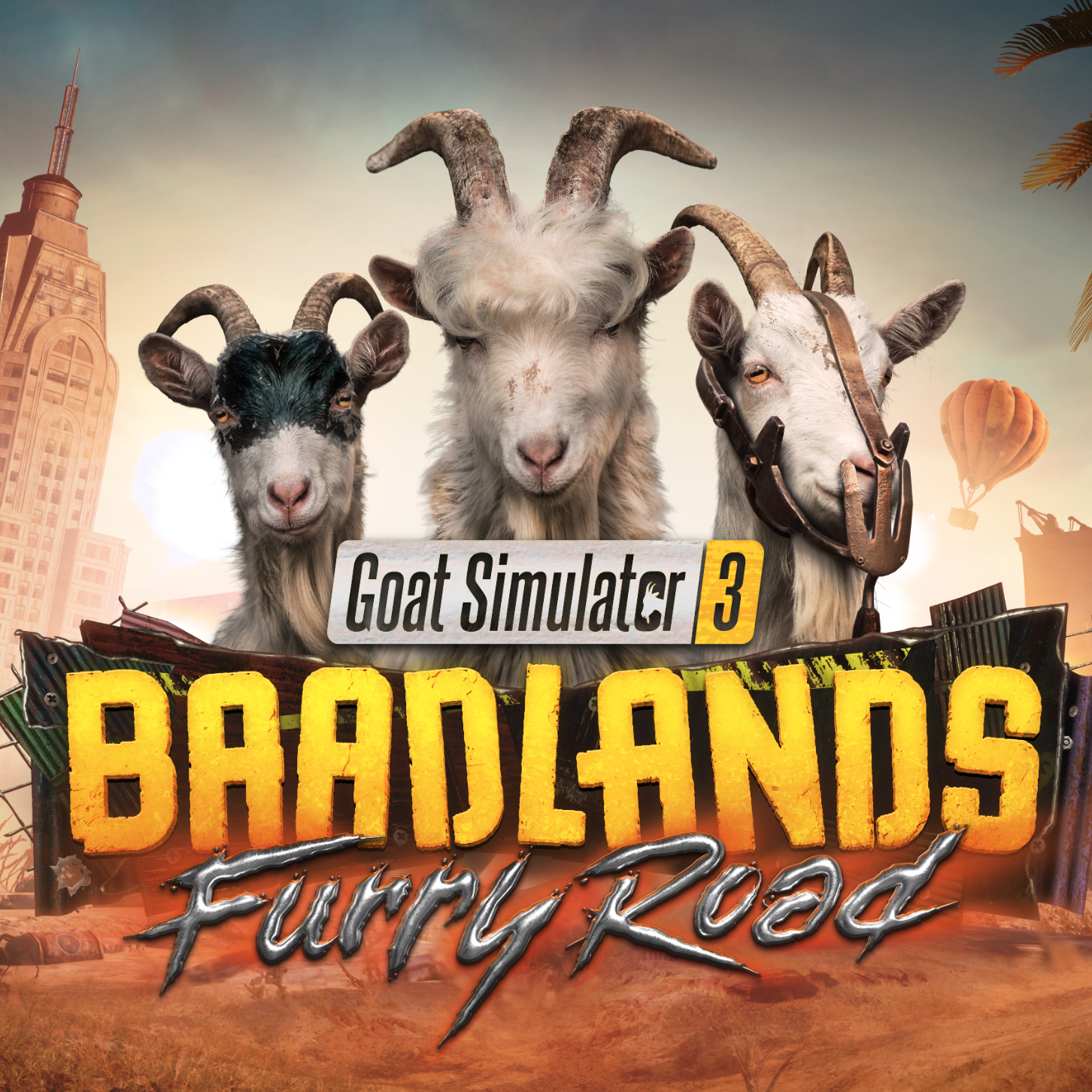 3 goats accompanied by text for Goat Simulator 3 Baadlands Furry Road