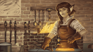 An orc blacksmithing in Merchants of Rosewall