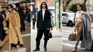 Street stylers wear blazers, trench coats, and slip skirts in New York City.