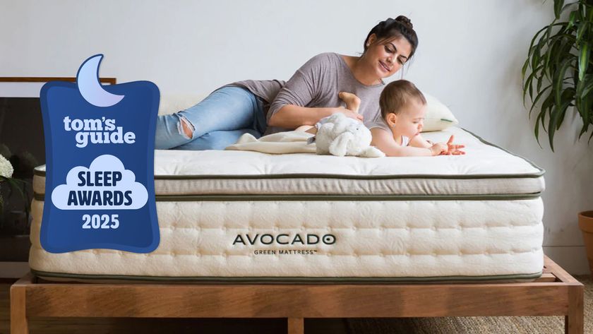 Avocado Green Mattress, featuring a woman and baby on said mattress, with a Tom&#039;s Guide Sleep Awards 2025 badge overlaid