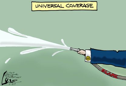Political Cartoon U.S. President Trump blames Republicans universal health care coverage failure