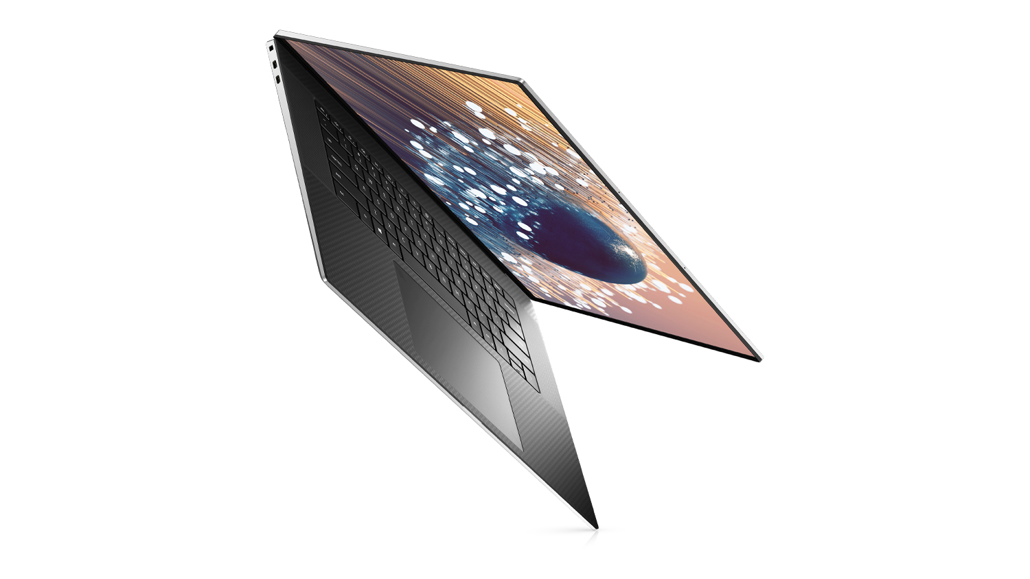 Dell XPS 17 (2021) halfway closed against a white background