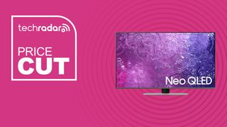 Samsung 65-inch Class QN90C Neo QLED 4K UHD Smart Tizen TV on pink background with price cut sign