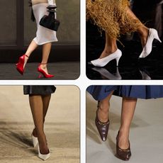 heel color trends for 2026 are shown in a collage of runway images, showing the heel color trends red, gray, two-toned, yellow, chocolate brown and cloud dancer