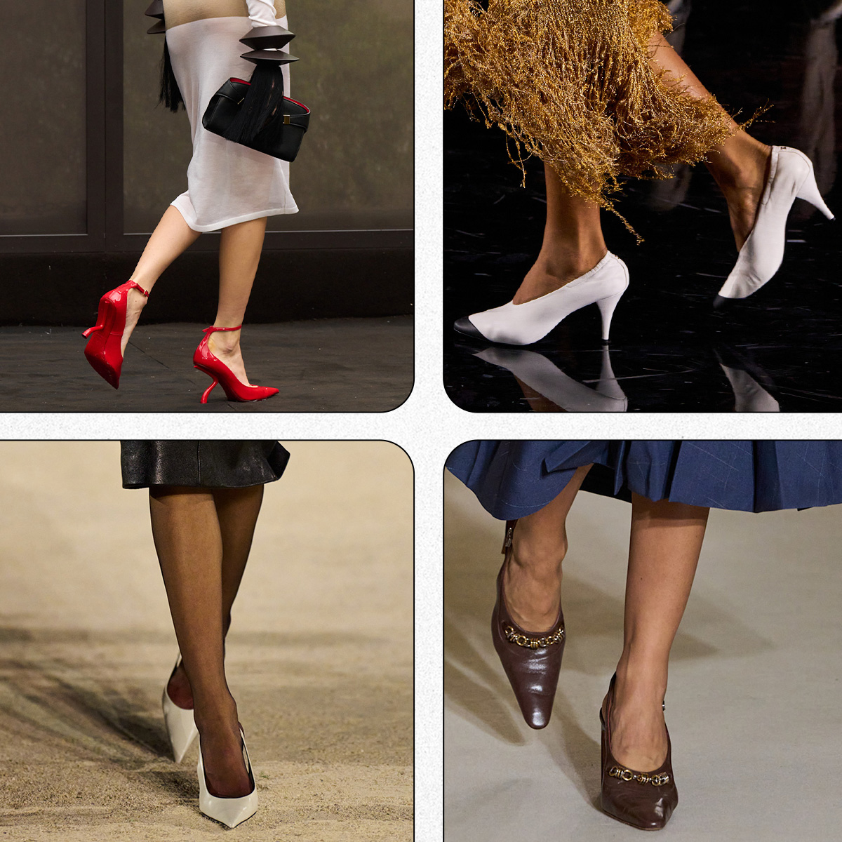 heel color trends for 2026 are shown in a collage of runway images, showing the heel color trends red, gray, two-toned, yellow, chocolate brown and cloud dancer 