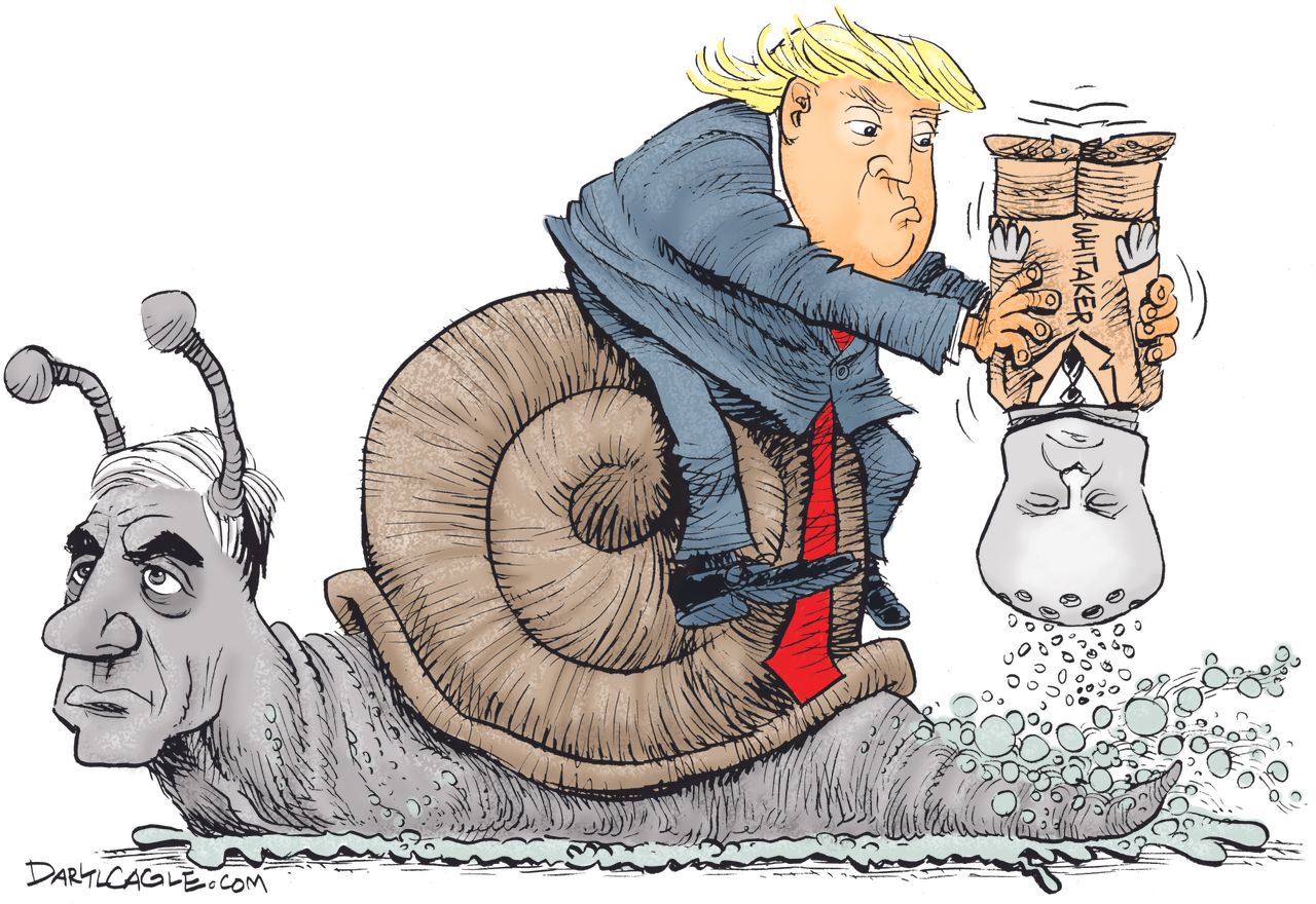 Political cartoon U.S. Trump Mueller probe Matthew Whittaker Attorney General salt snail