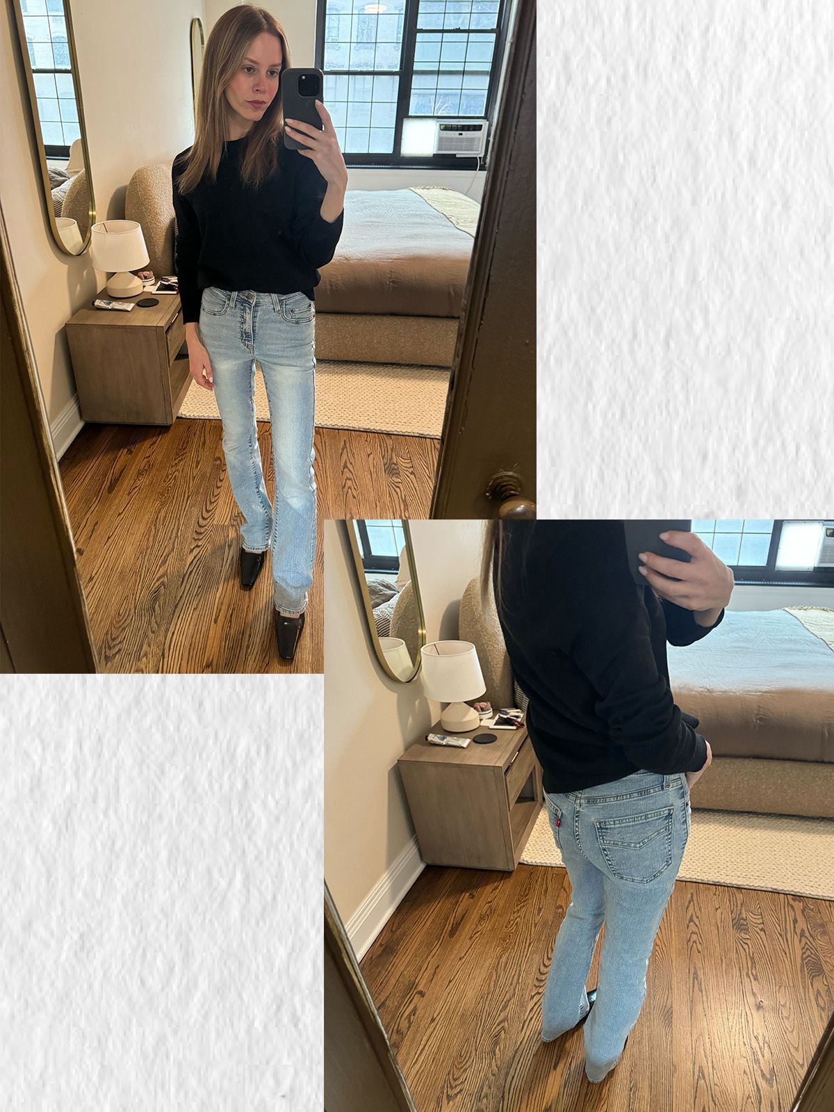 nikki wears levi's 725 heritage bootcut jeans.