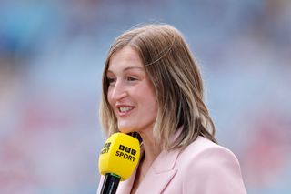 BBC Euro 2024 TV pundit Ellen White working for BBC Sport during the Barclays Women's Super League match between Aston Villa and Manchester City at Villa Park on May 18, 2024 in Birmingham, England.(Photo by James Baylis - AMA/Getty Images)