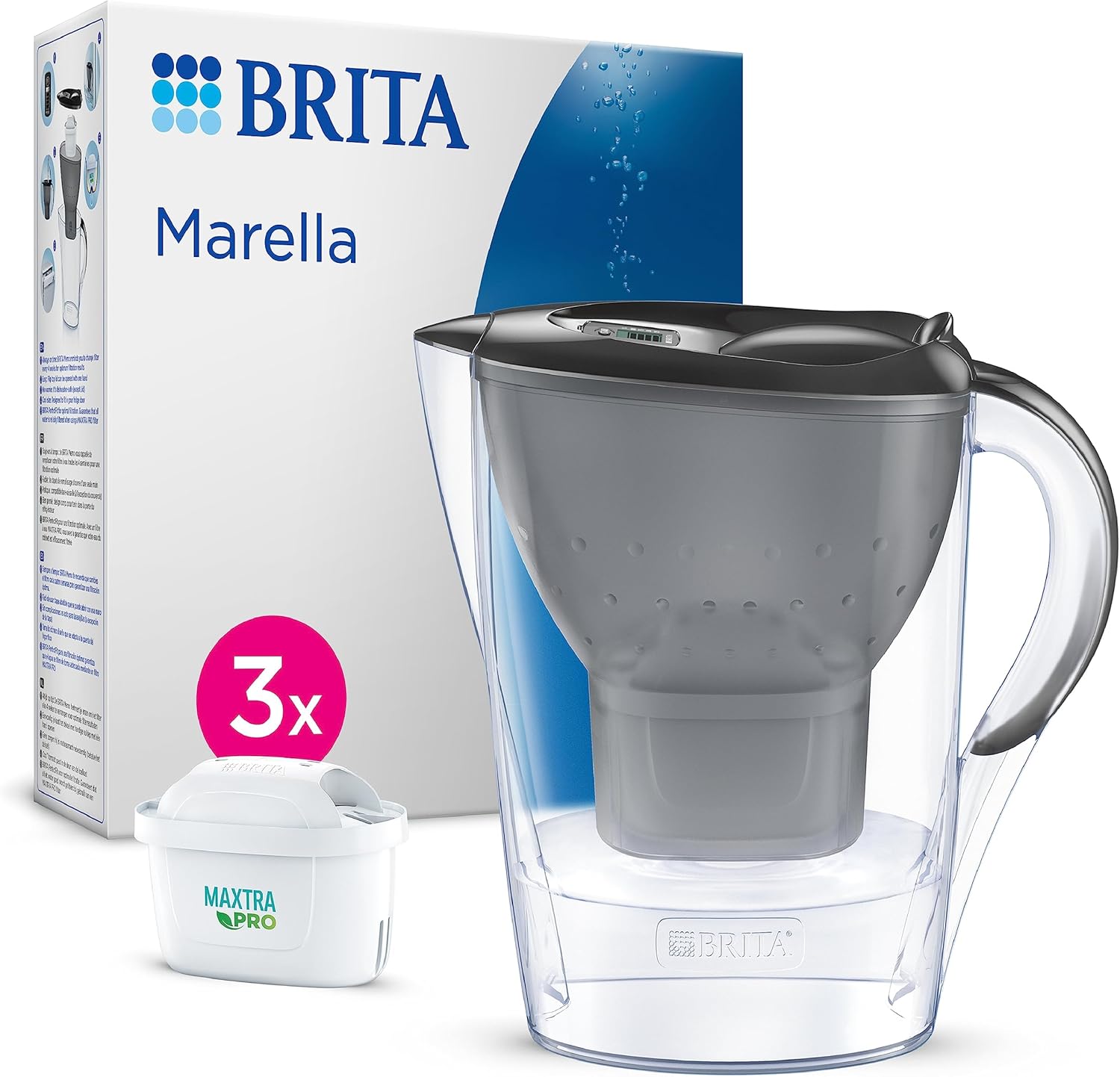Brita Marella Water Filter Jug Graphite (2.4l) Starter Pack Incl. 3x Maxtra Pro Pure Performance Cartridge - Fridge-Fitting Jug With Digital Lti and Flip-Lid - Now in Sustainable Smart Box Packaging