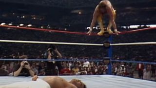 Randy Savage preparing to jump off the turnbuckle at WrestleMania 3