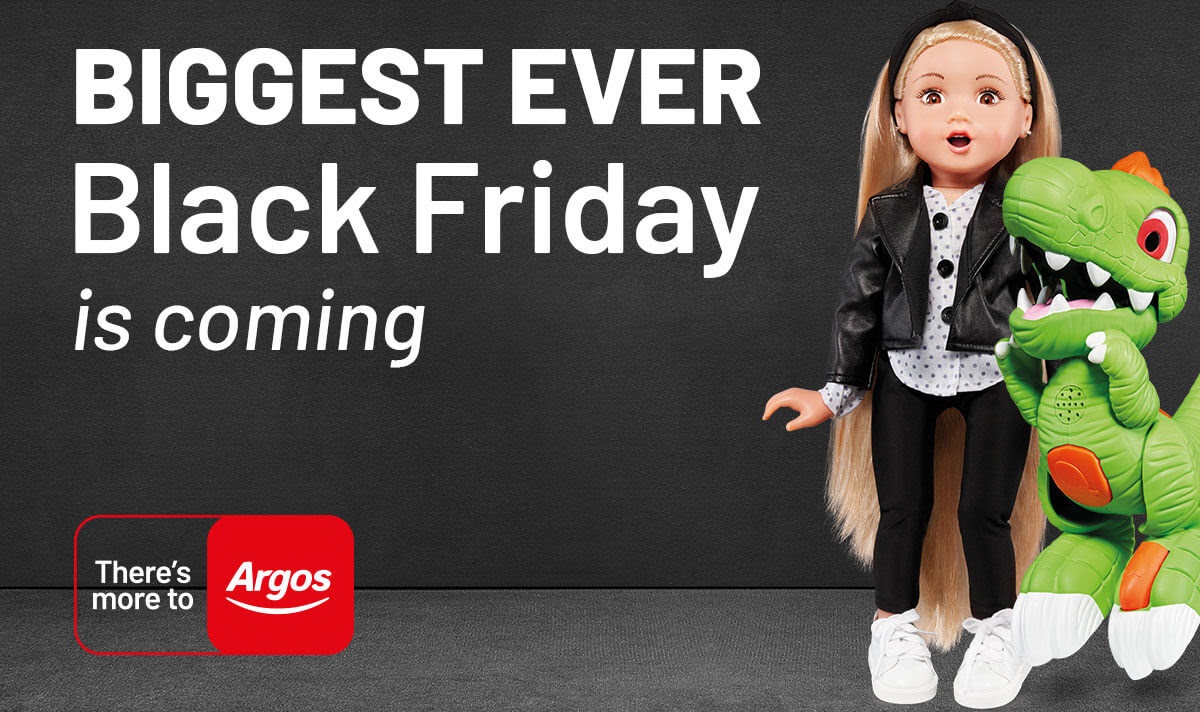 Blonde doll and green dinosaur next to Argos Black Friday sale announcement text