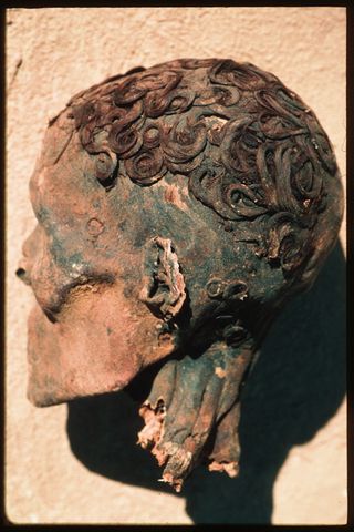 A mummy from the Dakhleh Oasis, showing perfectly 'gelled' and curled hair. This specific mummy wasn't used in the study, but is the same age and was preserved in the same way as some that were.