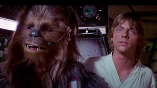 Scene from the sci-fi film Star Wars: Episode IV - A New Hope )1977). Here we see Luke Skywalker and Chewbacca sitting in the cockpit of the Millennium Falcon spaceship. Luke has just announced that he has 'a bad feeling about this.'