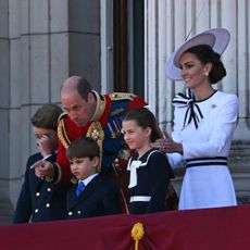 Britain's Prince George of Wales, Britain's Prince William, Prince of Wales, Britain's Prince Louis of Wales, Britain's Princess Charlotte of Wales and Britain's Catherine, Princess of Wales, stand on the balcony of Buckingham Palace after attending the King's Birthday Parade, "Trooping the Colour", in London, on June 15, 2024. 