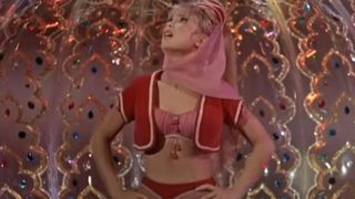 Barbara Eden inside the genie bottle looking up with worry in I Dream of Jeannie.