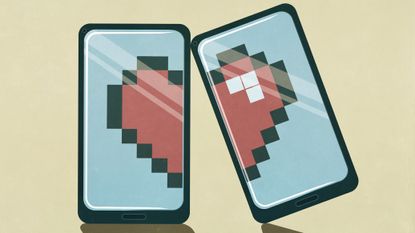 An illustration of two halves of a heart split across two smartphones to show heartbreak