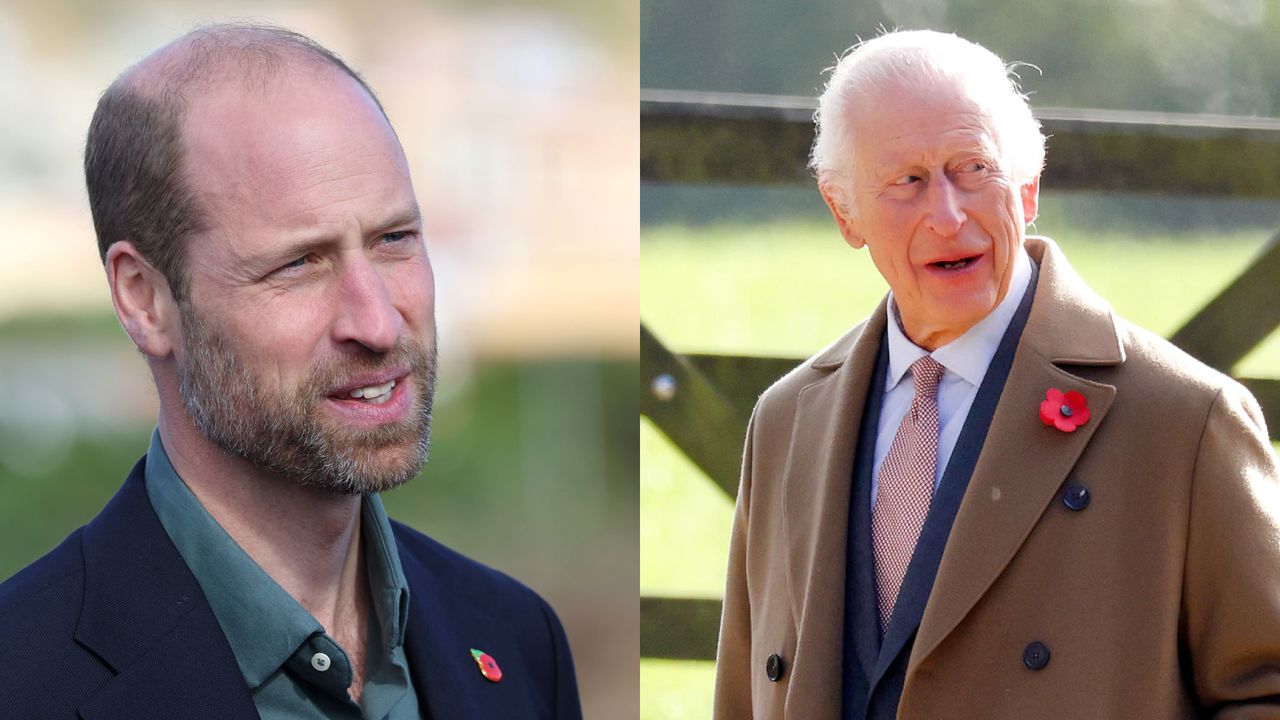 Prince William wearing a blue blazer and green shirt looking thoughtful next to a photo of King Charles wearing a brown coat with a poppy pin