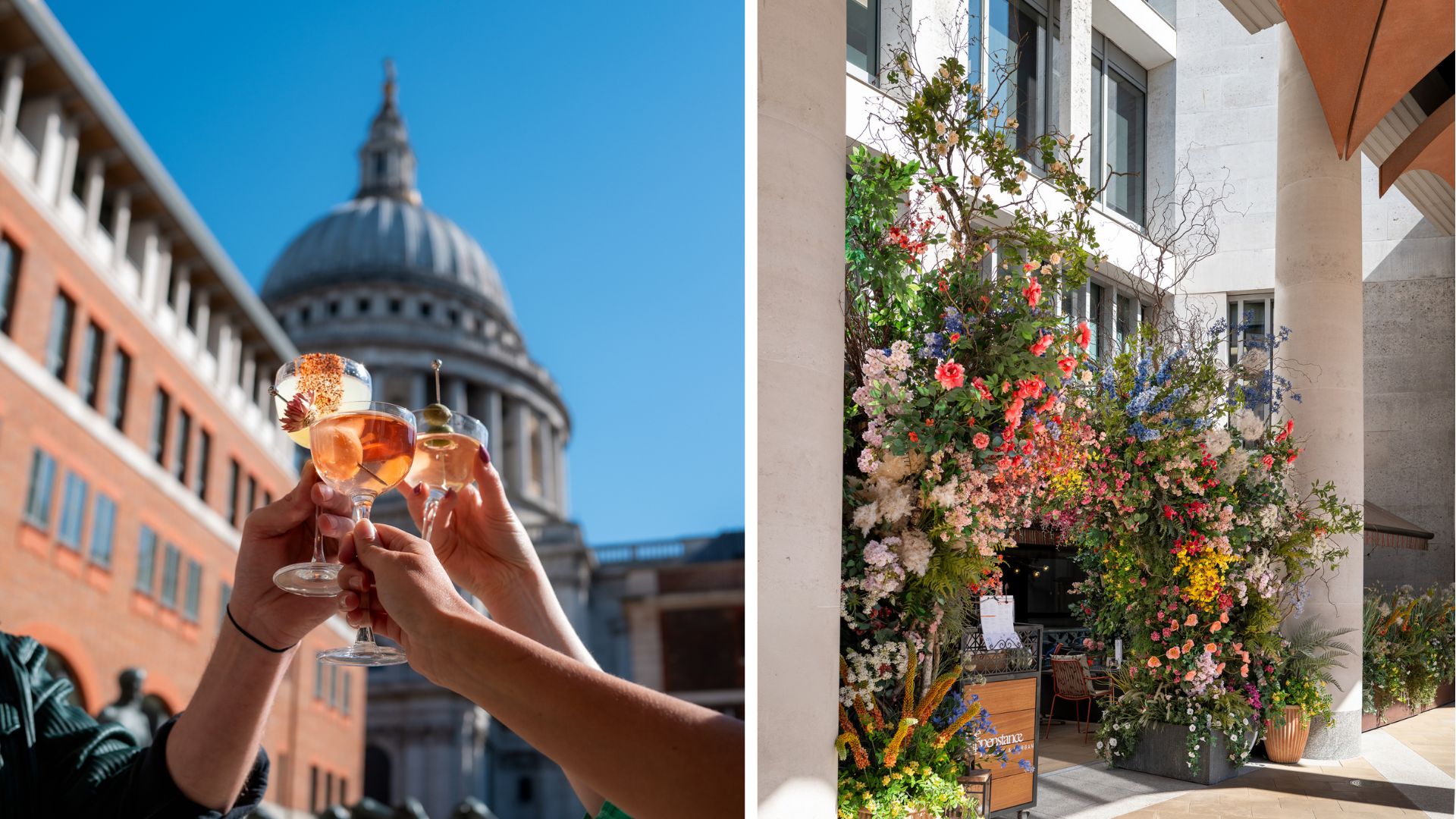 an image of two picture - the left shows three people cheers-ing the classic, lychee, and coriander & spice martinis outdoors with St Pauls in the background. On the right is an image of the entrance to the terrace at the bar