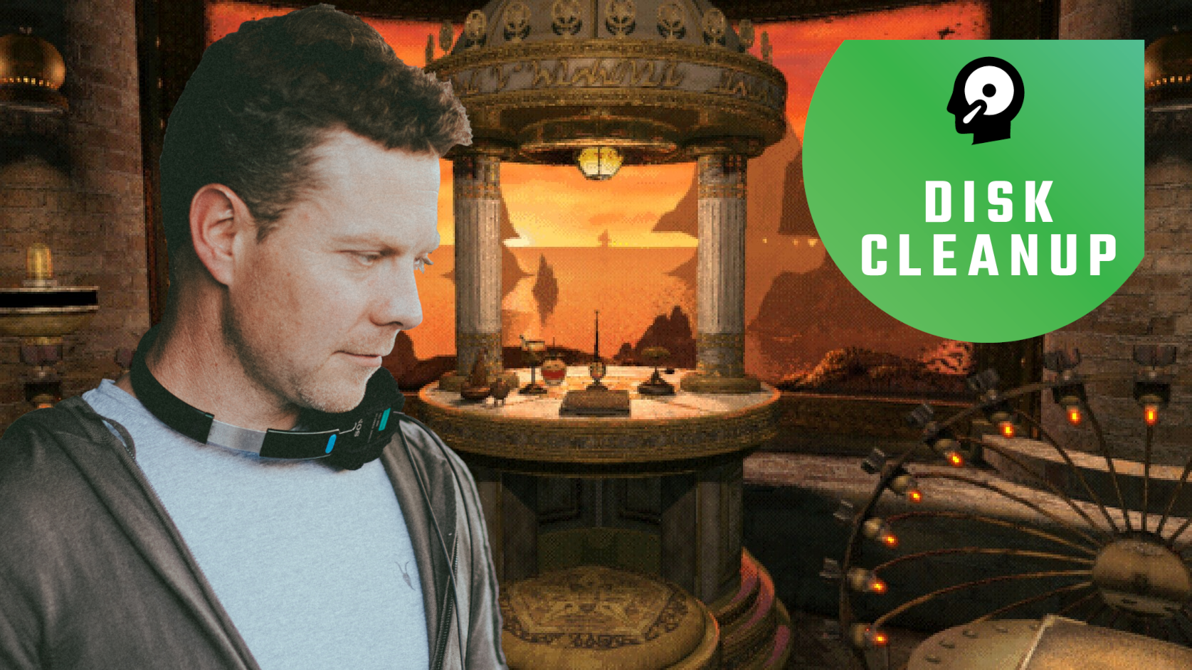 Sam Barlow in front of a Riven backdrop