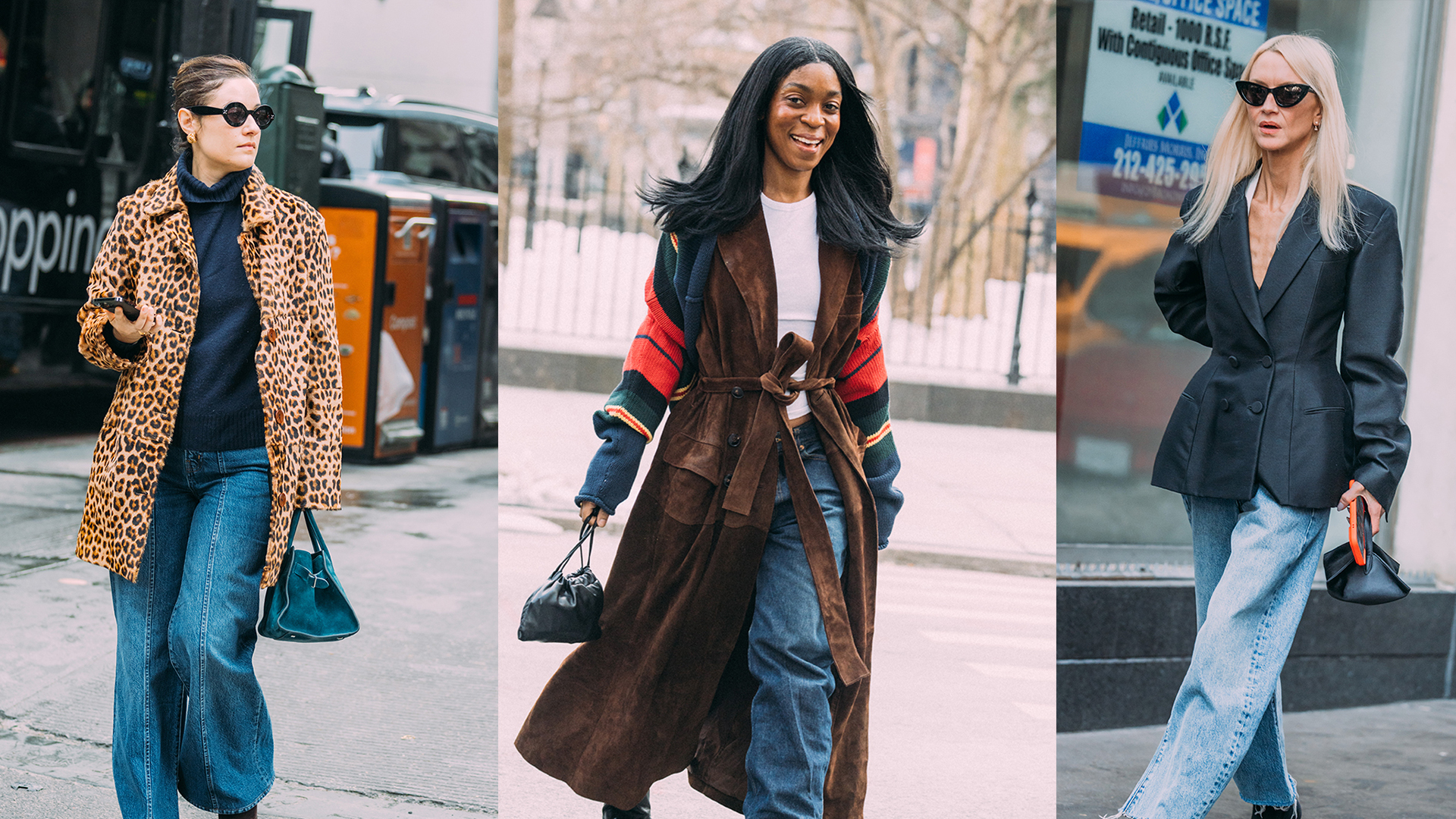 Women wearing loose fitting jeans and coats during New York Fashion Week 