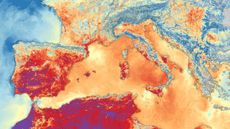 A multicolor thermal photo of Southern Europe showing high temperatures across the continent