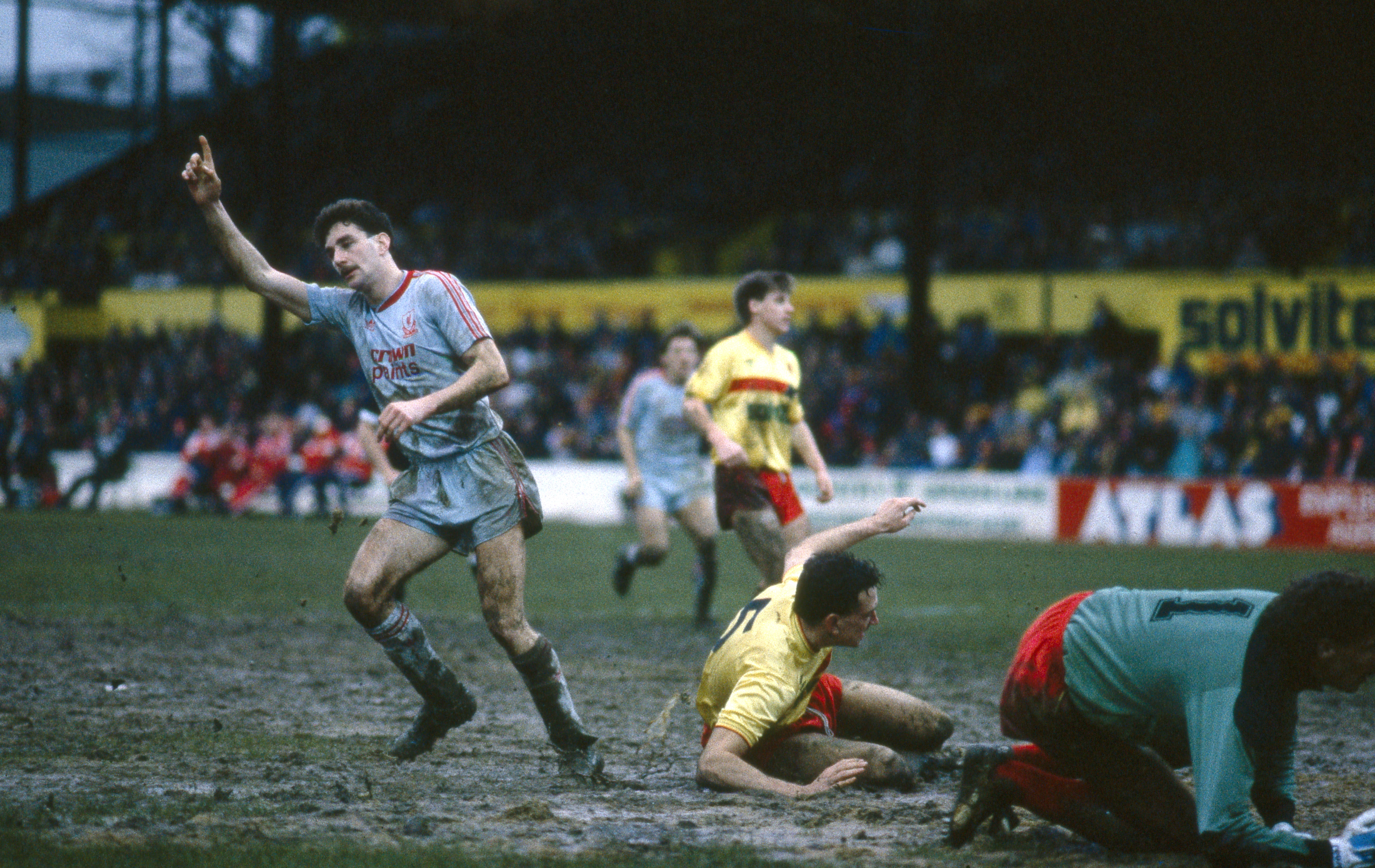 John Aldridge celebrates a goal for Liverpool against Watford in February 1988.