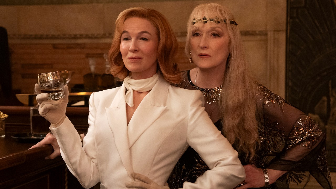 From left to right: Renée Zellweger and Meryl Streep standing right next to each other in Only Murders in the Building.