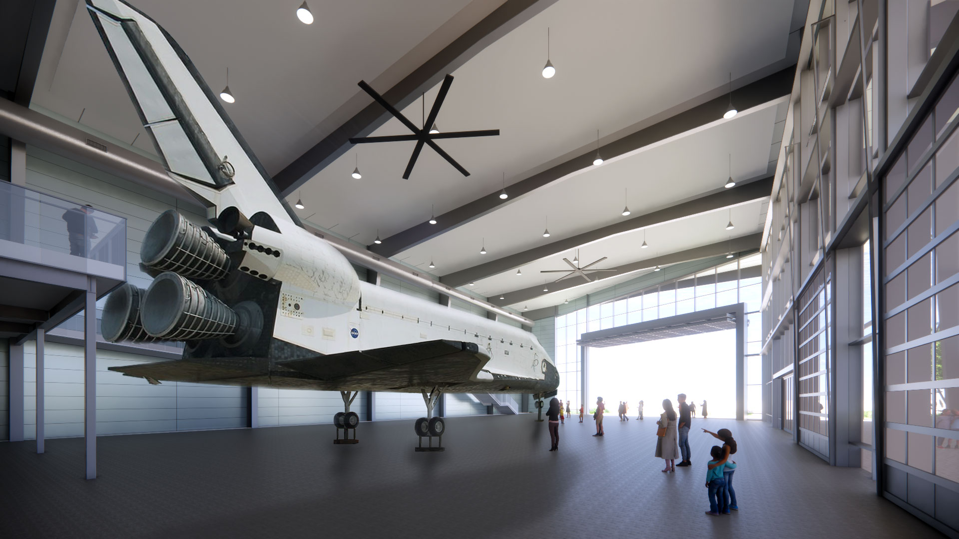 artist's illlustration of a full-size space shuttle mockup inside a large hangar