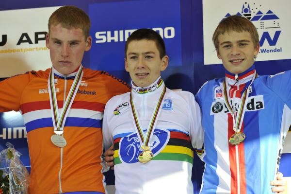 The podium: Mike Teunissen (Netherlands), Lars van der Haar (Netherlands) and third placed Karel Hnik (Czech Republic)