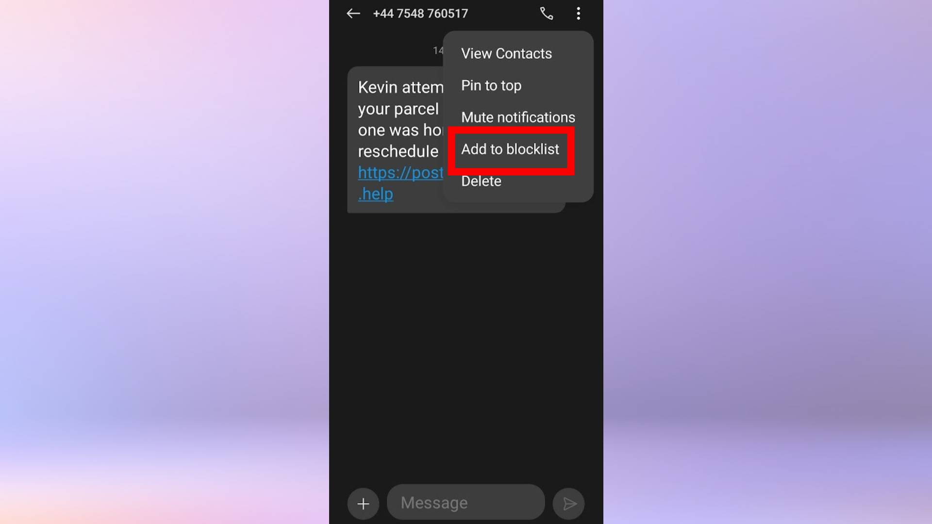 Zrzut ekranu niechcianej wiadomości tekstowej na telefonie z Androidem.  The 