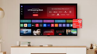 An LG TV in a living room with its home page on the screen