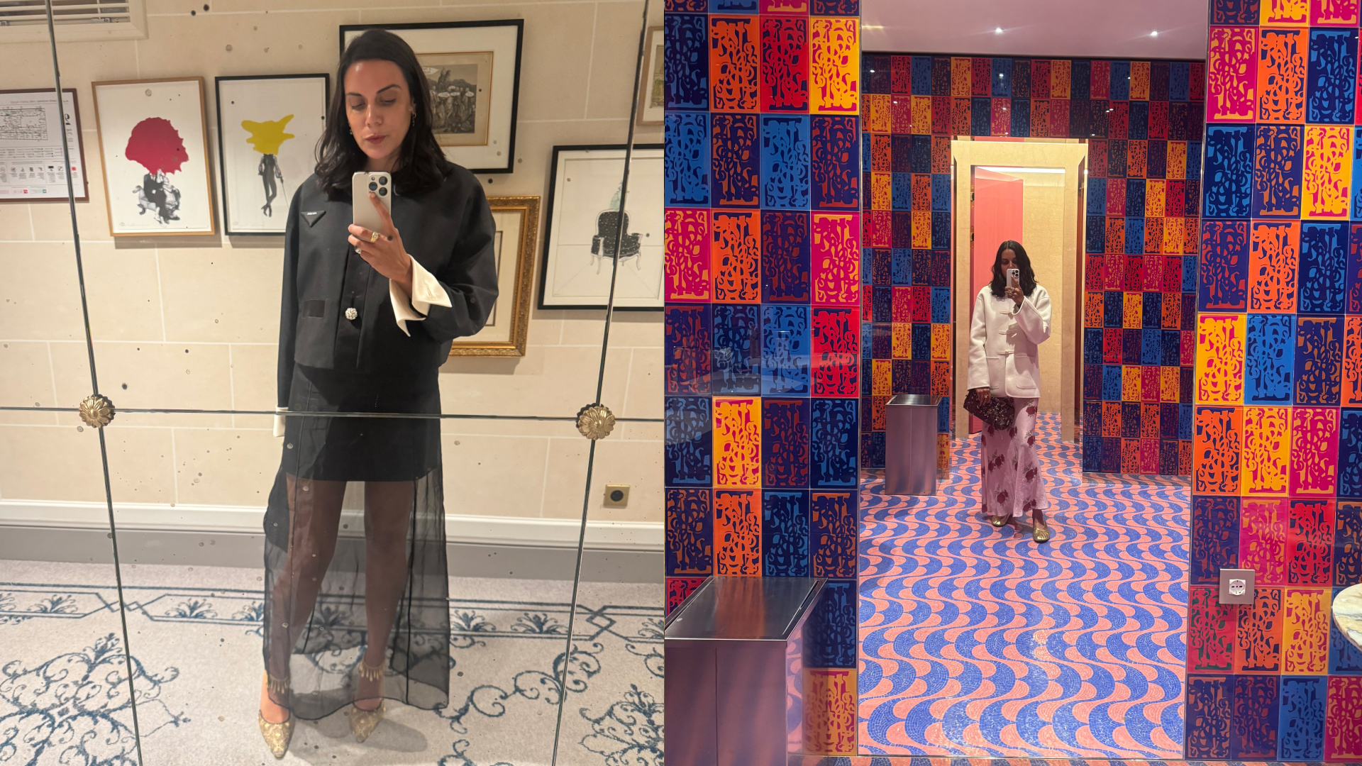 two photos of Noora Raj Brown taking selfies in mirrors