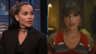 From left to right: Zoe Kravitz on Late Night with Seth Meyers and Taylor Swift in the "Anti-Hero" music video.