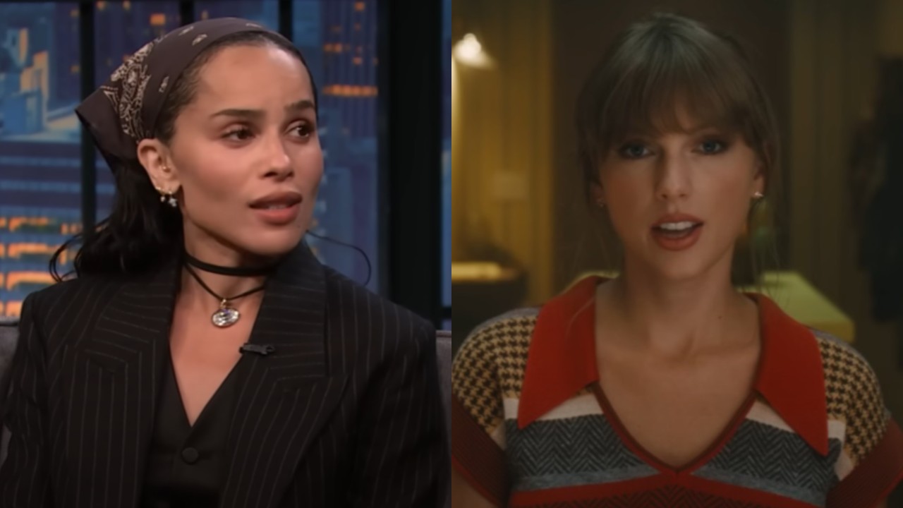 From left to right: Zoe Kravitz on Late Night with Seth Meyers and Taylor Swift in the &quot;Anti-Hero&quot; music video.