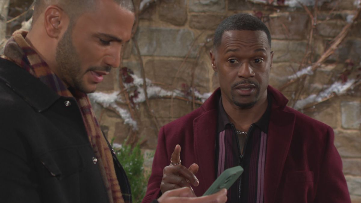 Nathan Owens and Jermaine Rivers as Holden and Damian talking in The Young and the Restless