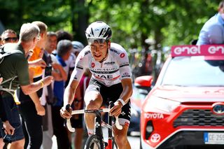 João Almeida of Portugal and UAE Team Emirates white best young jersey competes during the 105th Giro d'Italia 2022, Stage 17 a 168 km stage from Ponte di Legno to Lavarone 1161m