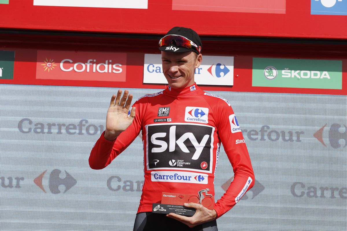 Chris Froome on the podium after stage 15 of the Vuelta a Espa&ntilde;a