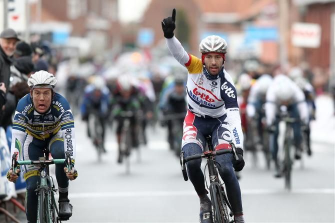 Kenny Dehaes (Lotto Belisol) celebrates victory at the Handzame Classic, while Kenny van Hummel (Vacansoleil-DCM) had to settle for second.