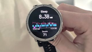 Close-up of the Amazfit Active 2's sleep insights with sleep duration, sleep stages and a score shown