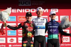 L-R, second Belgian Eli Iserbyt, winner Belgian Thibau Nys and third Dutch Lars Van Der Haar celebrate on the podium of the men's elite race at the cyclocross cycling event in Benidorm, Spain, Sunday 19 January 2025, stage 12/14 in the UCI World Cup competition.
BELGA PHOTO DAVID PINTENS (Photo by DAVID PINTENS / BELGA MAG / Belga via AFP)