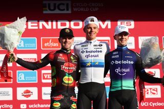 L-R, second Belgian Eli Iserbyt, winner Belgian Thibau Nys and third Dutch Lars Van Der Haar celebrate on the podium of the men's elite race at the cyclocross cycling event in Benidorm, Spain, Sunday 19 January 2025, stage 12/14 in the UCI World Cup competition.
BELGA PHOTO DAVID PINTENS (Photo by DAVID PINTENS / BELGA MAG / Belga via AFP)