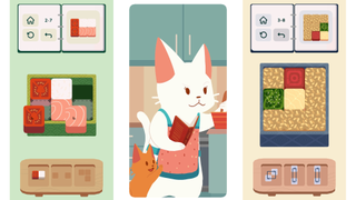 Three images from inbento, two of which are screenshots of puzzles and one featuring the mama cat and her kitten.