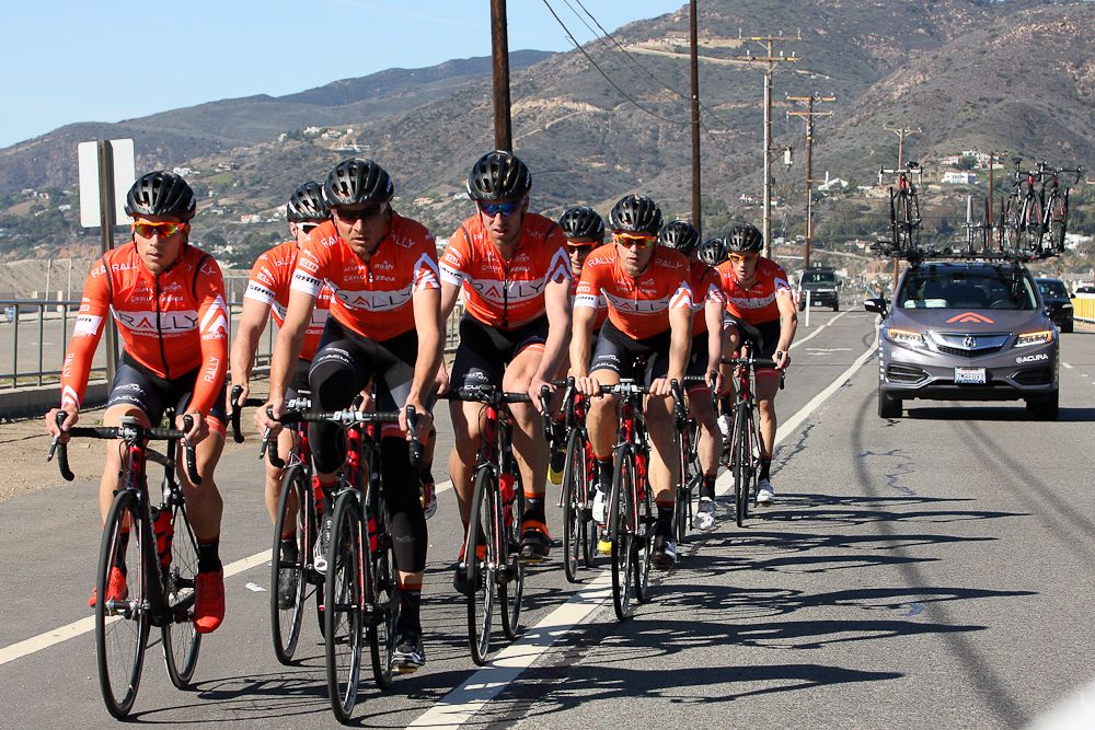Rally Cycling riders train along the Southern California coast near Malibu Beach.