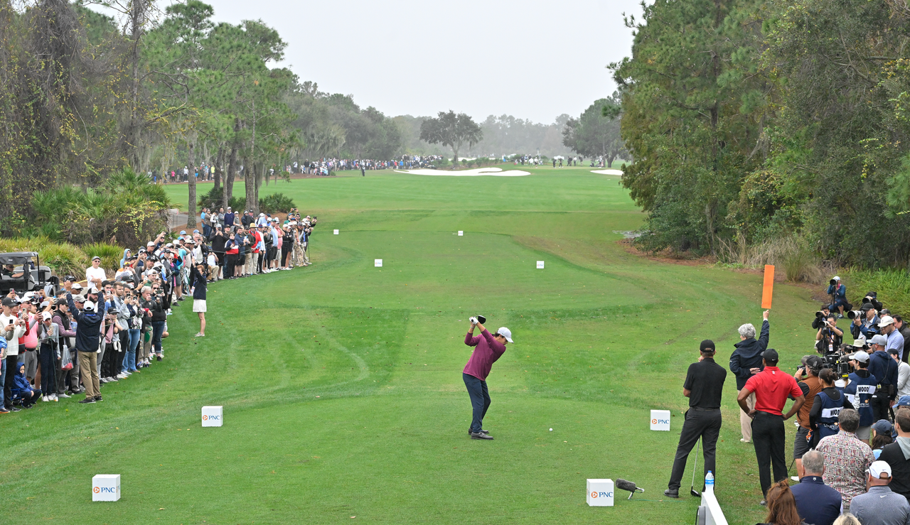 Charlie Woods at the top of his backswing during the PNC Championship