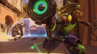 Overwatch 2 Lucio running past the camera with Winston in the background